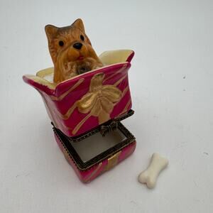 Yorkie with Bone Trinket Box Hinged Hand Painted Gift Box Vintage Appx 2"